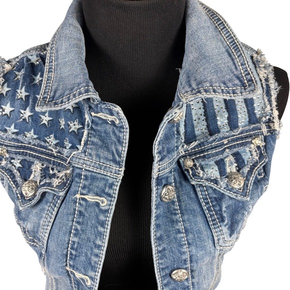 Miss Me Y2K Rhinestone American Flag Distressed Denim Vest Med Festival Cowgirl - Picture 3 of 14